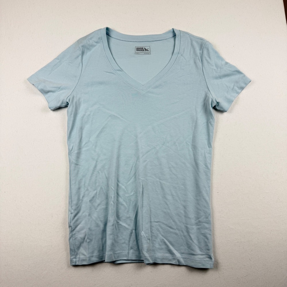 Eddie Bauer Womens Light Blue V-Neck Short Sleeve T-Shirt Large Cotton Blend